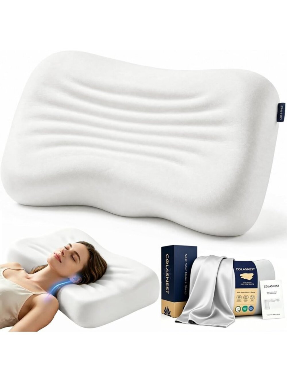 Cervical Neck Pain Relief Pillow, Medium Loft Memory Foam, Washable Cover